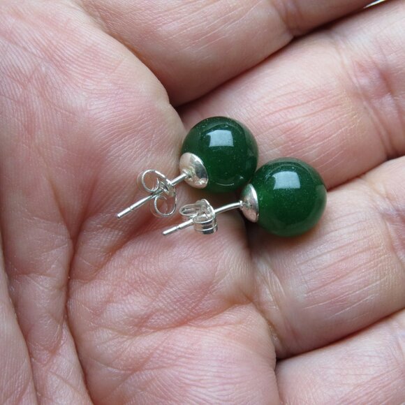 Sterling Silver Natural jade earring Studs - Picture 2 of 4